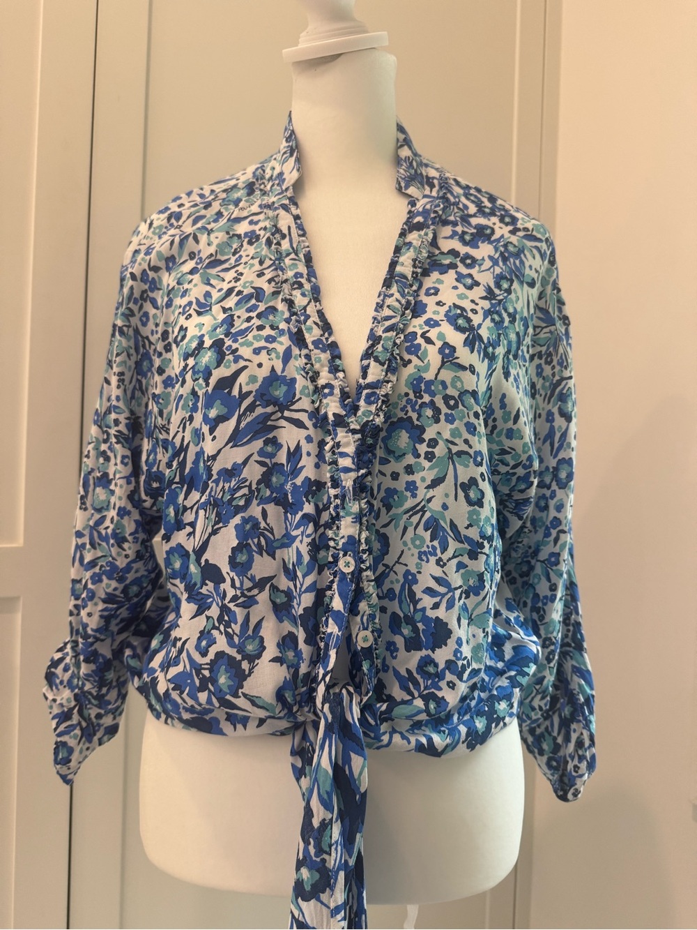 Poupette St Barth Blue Floral Tie-Front Women's Blouse- size Small